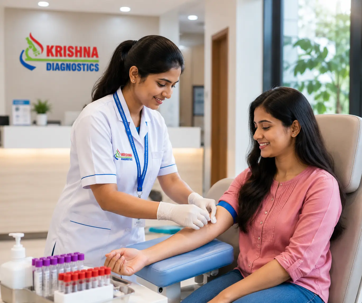 Phlebotomist collecting a blood sample at Krishna Diagnostics in Nizampet