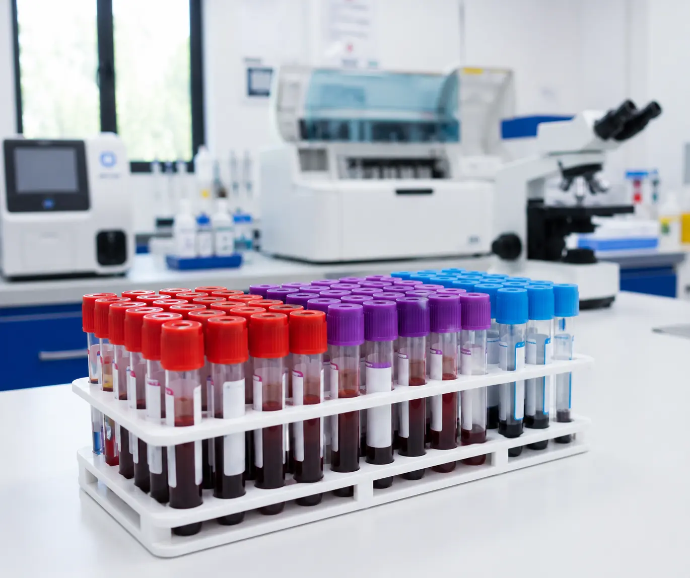 Blood sample collection tubes at Krishna Diagnostics laboratory in Nizampet