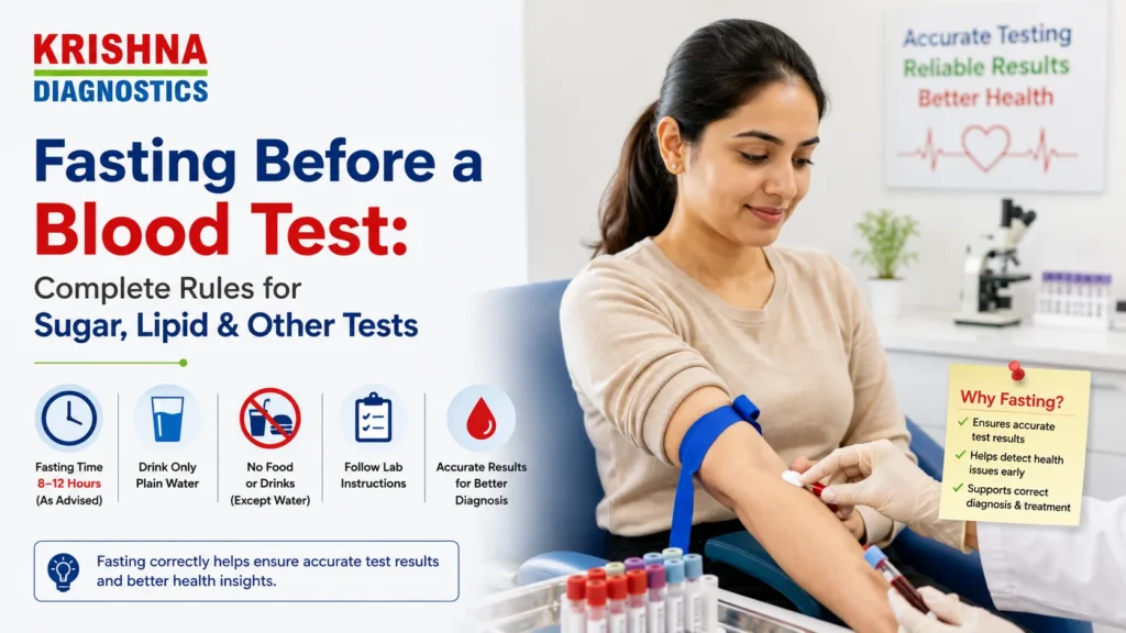 Patient preparing for a fasting blood test at Krishna Diagnostics with guidelines for sugar, lipid profile, and other diagnostic blood tests.
