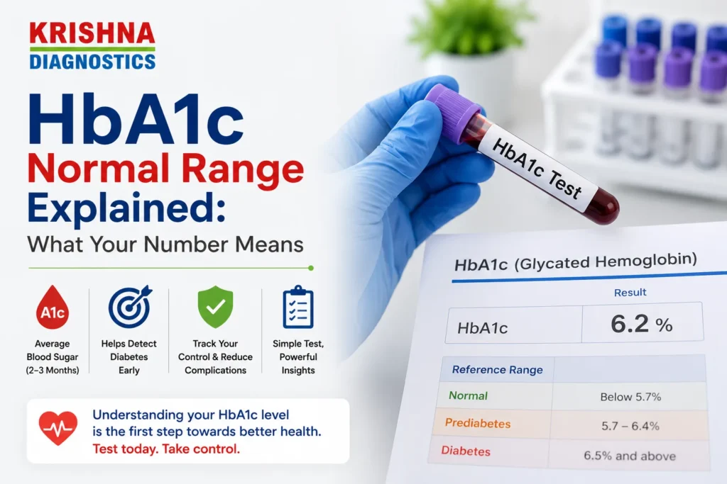 HbA1c blood test explaining normal, prediabetes, and diabetes ranges at Krishna Diagnostics in Nizampet, Hyderabad.