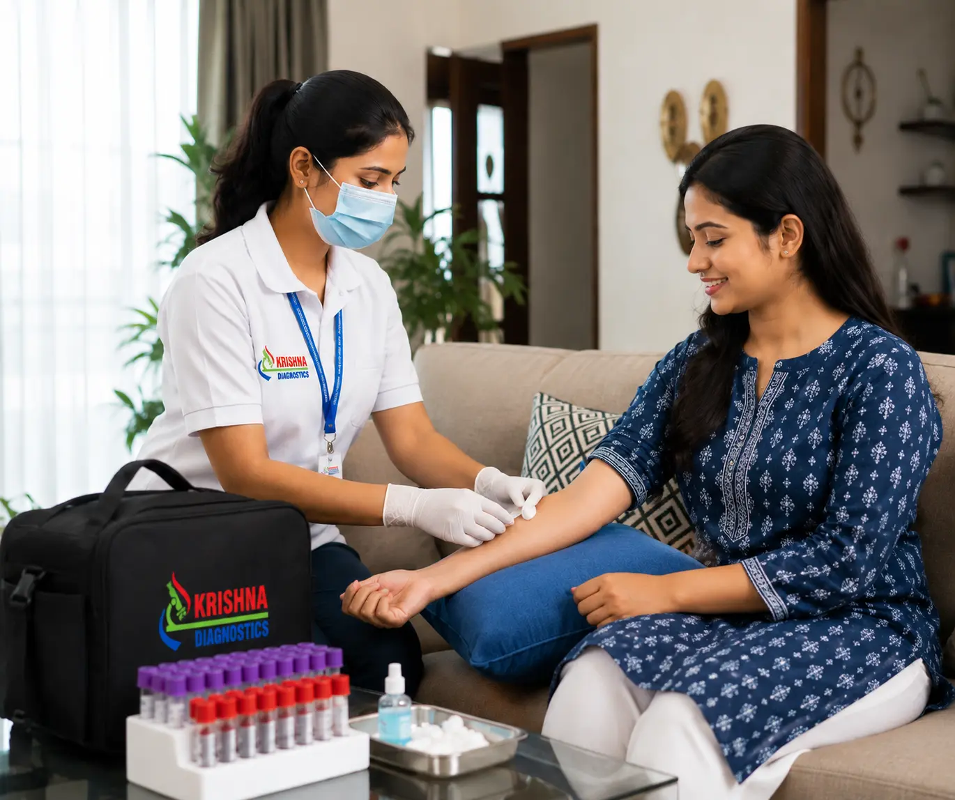 Krishna Diagnostics phlebotomist collecting a blood sample at a patient's home in Nizampet