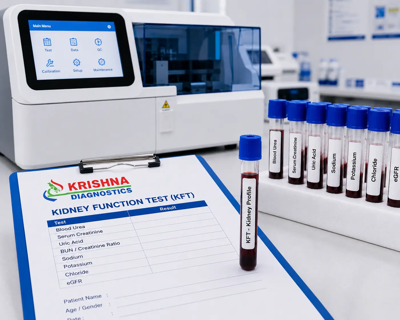 Kidney function test processing at Krishna Diagnostics laboratory in Nizampet