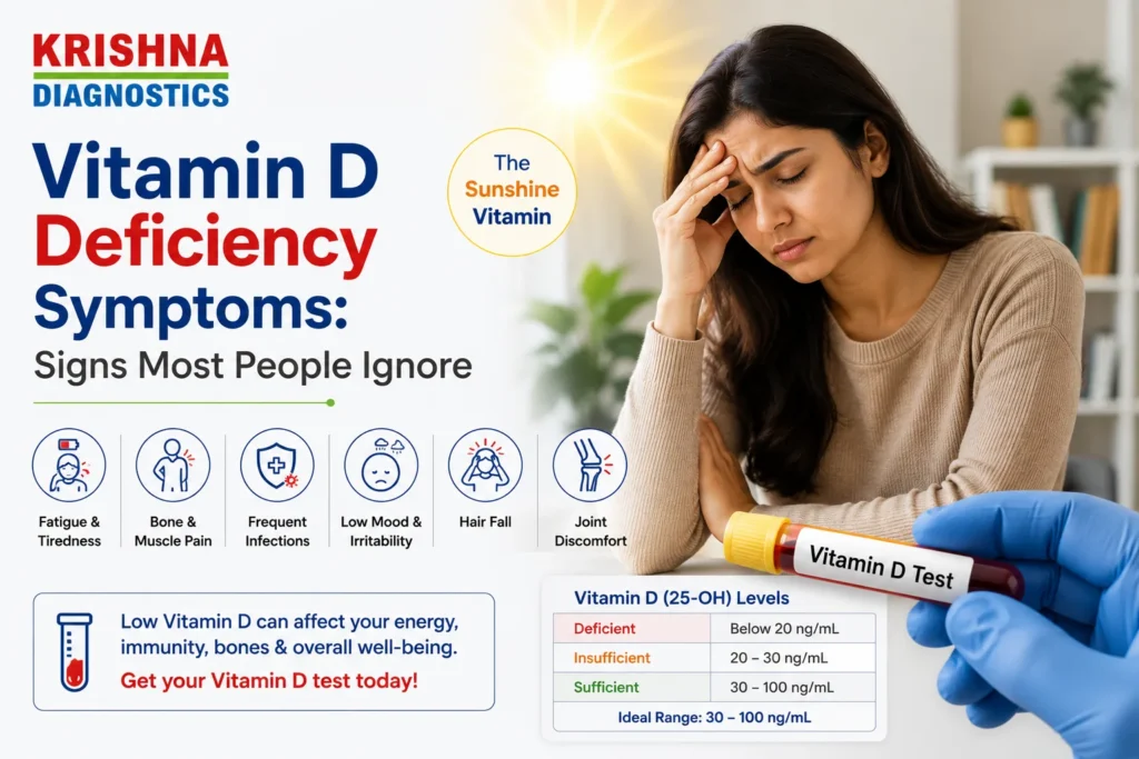 Illustration explaining Vitamin D deficiency symptoms including fatigue, bone pain, low immunity, hair fall, and muscle weakness by Krishna Diagnostics.